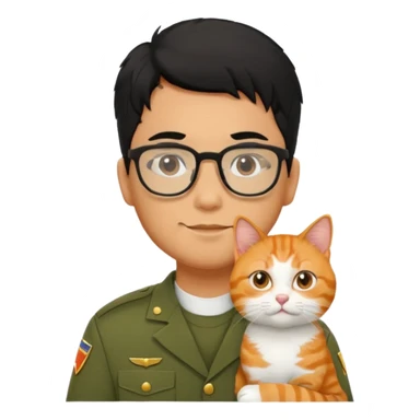 Veterinario hombre trigueño con lentes, con cabello negro, y con uniforme veterinario color verde militar cargando un gato naranja sticker