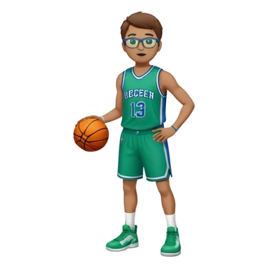 full body  white male basketball player  with brown hair wearing glasses in blue an green uniform sticker