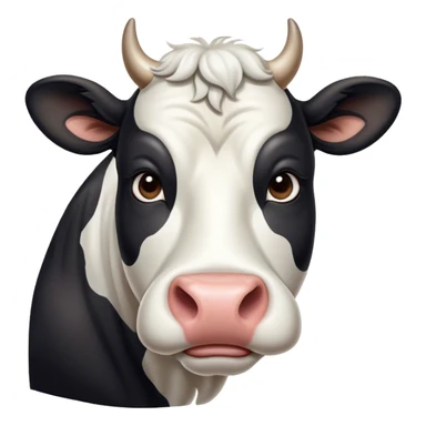 Cinematic Noble Black and White Cow Portrait Emoji, Poised and regal, with a large, sturdy build and a striking, well-groomed coat of pure black accented by crisp white patches, deep-set soulful brown eyes, Simplified yet sharp and sophisticated features, highly detailed, glowing with a soft, dignified glow, high shine, intelligent and calm, stylized with an air of modern elegance, focused and attentive, soft glowing outline, capturing the essence of a watchful and confident bovine guardian, so majestic it feels as though it could stride out of the screen with effortless authority! sticker