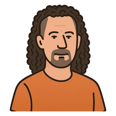 flat toon style white man in his 40s, long tight curly hair with short sides, no background sticker
