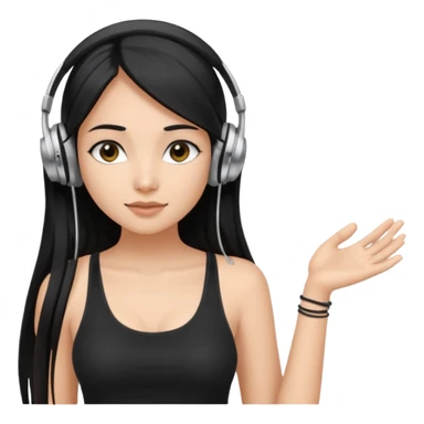 a fair INDIAN girl with straight black long hair, wearing a black cami top. and wearing silver  headphones on sticker