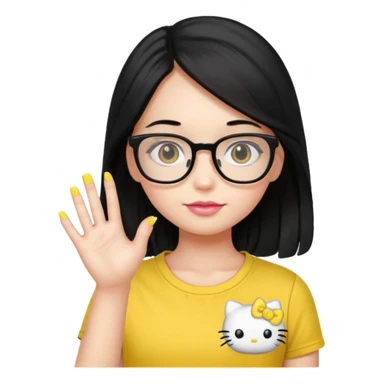Nails cute with hello kitty wear glasses black long  hair wear, yellow shirt sticker