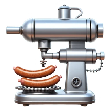 sausage-processing droid. retro-futuristic style. top is a circular industrial meat grinder with rotating gears and blades. Two robotic arms feed material into grinder. Sausage links extrude from the rear like  factory. The body is metallic, compact, and floats above the ground.no legs. Dark humor sticker