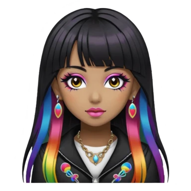 hime gyaru girl,  brown skin long black hair with rainbow fringe, tattoos, dark makeup, goth grunge clothes sticker