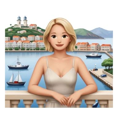 jennifer lawrence, leaning on a balcony with a harbor and cityscape in the background, smiling, closeup portrait  sticker