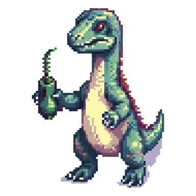 a gaming raptor, pixel art style, dinosaur with a joystick sticker