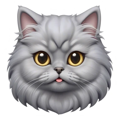 Cinematic Derpy Grey Persian Cat Portrait Emoji, Head tilted playfully with an adorably awkward expression, fluffy grey fur with soft silver undertones, Simplified yet hilariously derpy features, highly detailed, glowing with a warm but slightly confused glow, high shine, a mix of lazy and clueless, stylized with a touch of whimsy, bright but with a completely derpy and grumpy face, soft glowing outline, capturing the essence of a quirky yet chubby, grumpy kitty, so endearing it feels like it could stretch out of the screen and demand attention with its wonderfully derpy charm! sticker