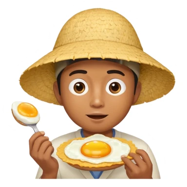 Asian guy with a rice hat eating an egg sticker