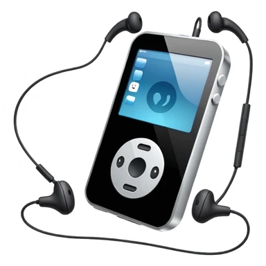 Futuristic iPod emoji with earphones, metallic black and white, smooth reflective surfaces, flat minimal vector design, clean UI style sticker