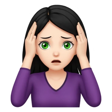 A realistic waist-up portrait of a frightened woman with her hands on her head, black hair and green eyes sticker