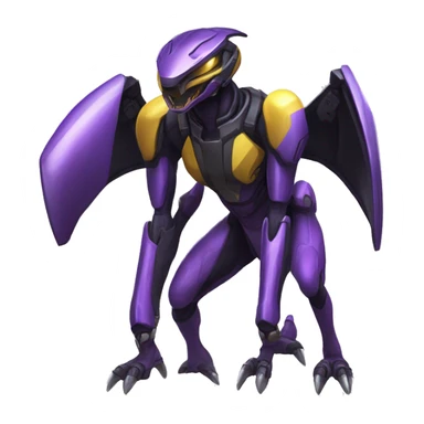 a shiny black-purple-yellow Genesect-Raptor-Fakémon—hybrid with a futuristic visor-helmet full bod sticker