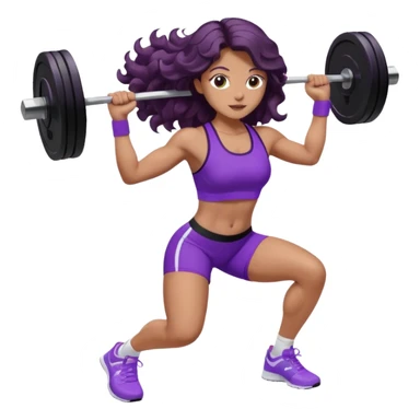 mujer de tez trigueña, con cabello castaño oscuro ondulado hasta la cadera estilizado, con ropa deportiva morada/lila, tenis blancos deportivos y levantando una pesa sticker