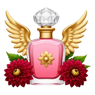 An elegant perfume bottle in Angel Pink with intricate golden details, standing beside a lush bouquet of Vivid Red and Deep Red Dahlias, softly illuminated in a romantic, warm glow sticker