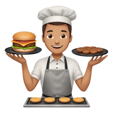 A cheerful man in an apron flipping burgers on a sizzling grill with smoke puffing upward. sticker