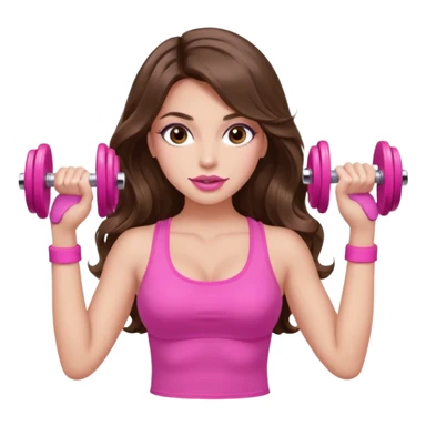 girl with long wavy brown hair, brown eyes, long lashes makeup, sexy pink lips, light to medium complexion, wearing a pink sexy top, lifting a pink dumbells sticker