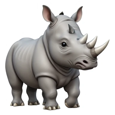 A big 3D cartoon rhino standing on dry ground, thick gray skin, small horn on nose, kind expression, bright daylight and soft shadows, Memoji-style. sticker