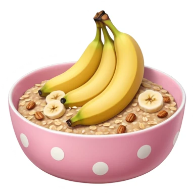 banana baked oats in a bowl like oat meal with a couple banana slices on top that look a little bit caramelised and a light pink bowl with white polka dots please with NO whole banana on top just slices  sticker