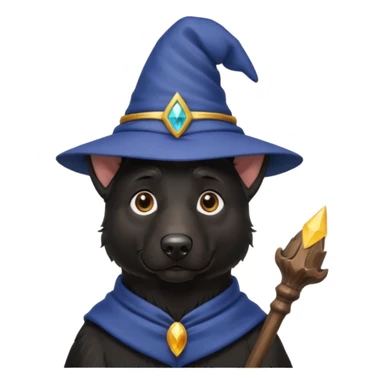 all black german shepherd face wearing a wizard hat and staff sticker