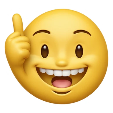 Yellow 3D emoji face, closed smiling eyes, wide toothy grin, one hand with index finger touching the mouth, playful flirty expression, clean emoji style. sticker