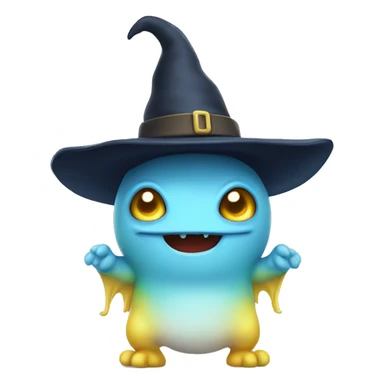cute monster with white body, yellow tail, wearing blue sky witch hat. the face facing the front towards the 4th wall sticker