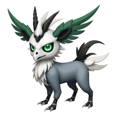 Shiny Black Grey White and Dark-Green Trico-Skarmory-Silvally-Skiddo-Sprigatito-Absol-fusion (full body) with and edgy white horned skull mask face sticker