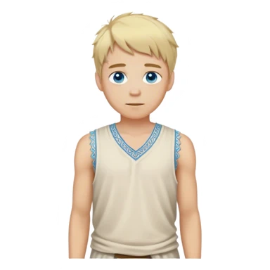 medieval summer outfit worn by a DnD themed fantasy character. basic lightweight sleeveless tunic with a decorative trim along the edges. clothes only above the waist. The clothes full waist. The character's haven't arms. character is blonde hair, blue eyes, short messy hair, white-skinned man. sticker