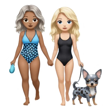 2 pretty women in bathing suits, hazel eyed light skin with dark brown wavy long hair, walking a blue and gray spotted Merle Frenchie the other blue eyed light skin long blonde hair with black chihuahua  sticker