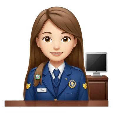 Young girl, long brown straight hair, wearing uniform jacket with hotel name badge, tasteful scarf, stand behind the desk

 sticker
