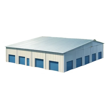 warehouse building with a flat roof, large doors, minimal windows, situated in a green California valley with hills on both sides, blue sky, simple and recognizable, suitable for Slack emoji sticker