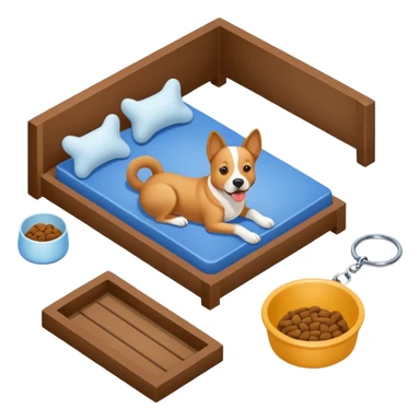 Goals:
1) Isometric view
2) Physically realistic portrayed in a way that would be expected to the average person
3) Avoid anything that could be considered offensive, even 2%

---
Now generate an image to represent a list to buy items for a dog. Items include: Kennel, bowl, bed, leash, etc sticker