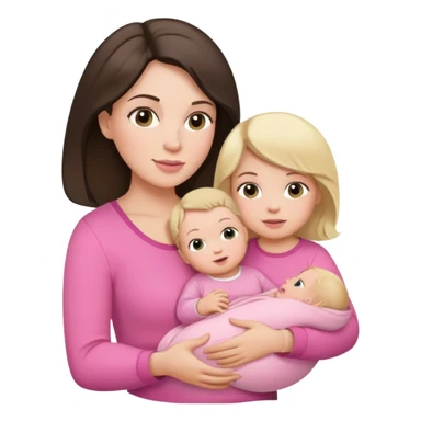 Brunette mama, blonde baby, brunette toddler wearing pink sticker