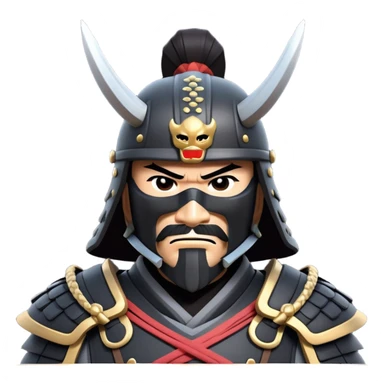 clash-of-clans-aesthetic_-cinematic-fearsome-and-majestic-samurai-bust-portrait-emoji, rendered in a flat, vector-style with minimal shading and bold, simplified shapes typical of emoji art, depicting a battle-hardened samurai with black mask and traditional black Japanese armor. The samurai is riding a noble grey warhorse adorned with an intricately designed saddle and fluttering banners and a rising sun. a samurai on a   horse sticker