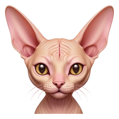 Cinematic Cute Sphynx Cat Portrait Emoji, Head tilted playfully and inquisitively, soft, wrinkled skin in warm peach and pink hues, oversized ears and wide, expressive eyes filled with curiosity, Simplified yet irresistibly adorable features, highly detailed, glowing with a warm, friendly glow, high shine, affectionate and lively, stylized with a touch of whimsy, bright and endearing, soft glowing outline, capturing the essence of a mischievous yet loving kitten, so playful it feels like it could pounce out of the screen and into your arms! sticker
