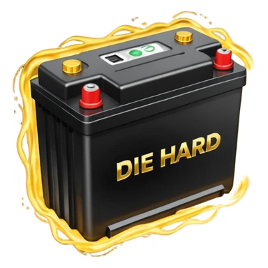 black car battery labeled 'Die Hard' with golden energy waves surrounding it, highlighting its strength sticker