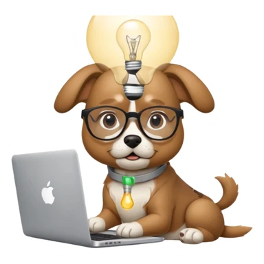 Like a cartoon (make it an intelligent dog with glasses) working with a computer (macbook, showing the apple logo) thinking and a light bulb above his head while he thinks sticker