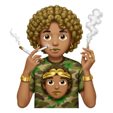 curly hair wearing bathing ape shirt smoking weed with grills sticker