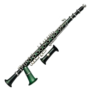 Create an elegant and refined emoji representing A clarinet. The design should showcase the sleek, black wood finish of the clarinet with its shiny metal keys and elegant detailing. Include the distinct, high-quality features, such as the unique greenish tint of the wood, giving it a modern and sophisticated look. Add subtle elements like the mouthpiece with the reed, emphasizing its importance in sound production. Use dark tones like ebony, silver for the keys, and soft light reflections to evoke a professional, classical feel. The background should be transparent. sticker
