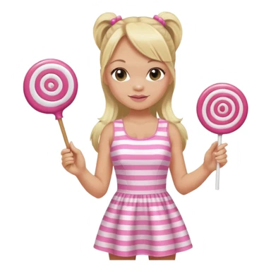 Emma Bunton with long blonde ponytails wearing light pink body dress holding a lollipop sticker