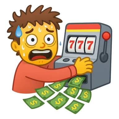 Make the frantic gambler look even more desperate with wild eyes, frantic expression, sweating, clutching the slot machine, money pouring out. Style: apple emoji style. sticker