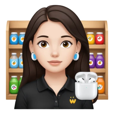Girl with long dark brown hair with airpods wearing a black wegmans grocery store polo sticker