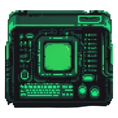 32x32 cyberpunk terminal icon with green code glowing, retro computer style sticker