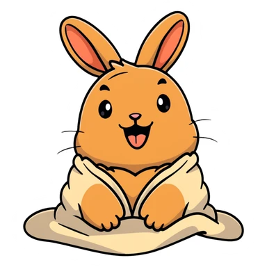 full-body pale brown bunny yawning with messy hair, blanket over shoulders sticker