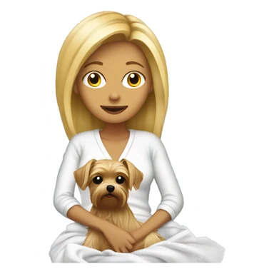 Blonde woman sitting on sofa with Yorkie covered in her sheets sticker