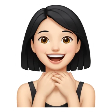 a girl with black hair with brown eyes and she has her hands around her neck while laughing sticker
