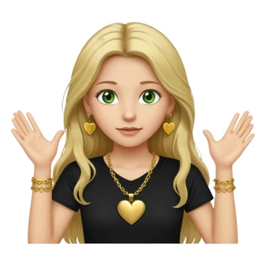 Girl with long dirty blond hair green eyes gold necklace and heart gold earrings holding her hands up and black t shirt  sticker