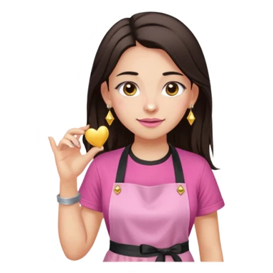 Fille cheveux long châtain foncé, peau beige type européen yeux marron, teeshirt rose avec un tablier noir, piercing au nez anneau doré, boucle d’oreille type diamant doré. Elle fait les ongles nail artiste sur le tablier écrire NIELART en rose  sticker