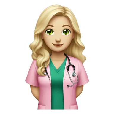 pale blonde girl with long wavy hair and green eyes wearing pink scrubs and stethoscope  sticker