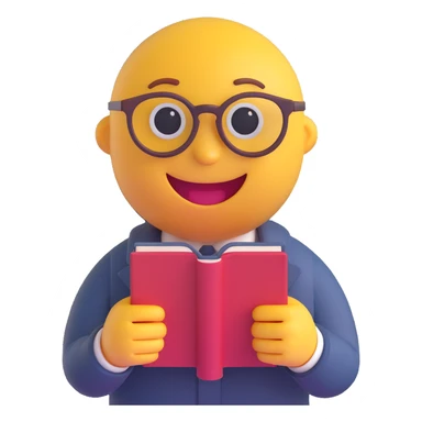 3D smiley emoji, round shape, librarian: wearing glasses, holding book, funny face sticker