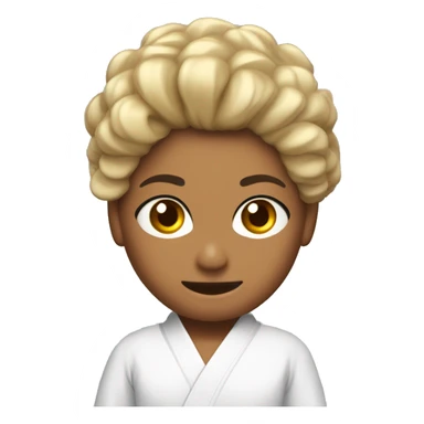 Genera un moreno cabello de cabello ondulado rapado en los lados  y ojos marrones claros, vestido con un uniforme de karate, con una cinta negra en la frente. sticker