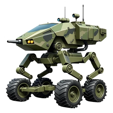 a roomy American 4-wheel armored personnel stealth camouflage army massive mech trail vehicle shooting forward side-hill leaning actively articulating hydraulic independent suspended pod gimbal enemy mech off-road racing rover with large fast engine RC basher crawler megatron  sticker